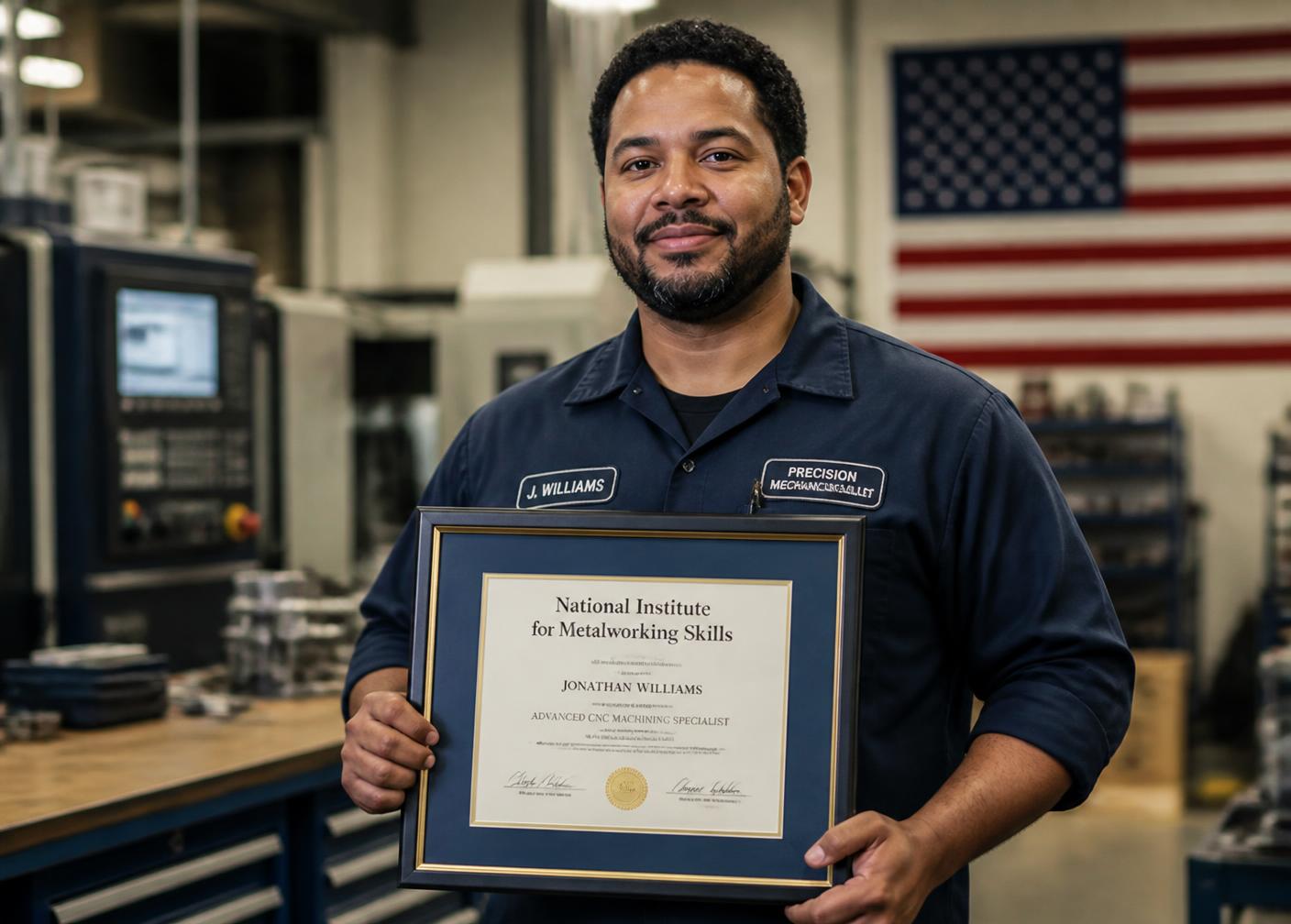 Technician holding a framed technical diploma in a workshop